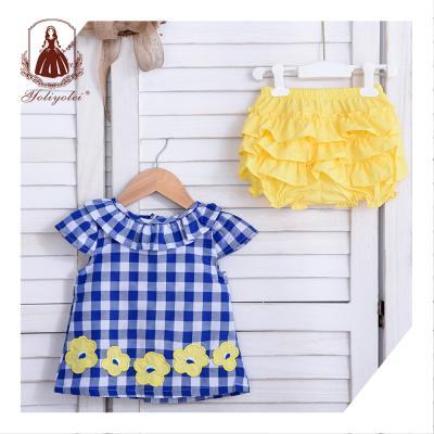 China Quality Breathable Fashion Blue Short Sleeve Flower Pattern Plaid Girl Smocked Dress For 1-4 Years Kid for sale