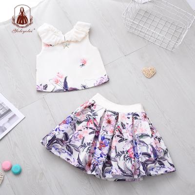 China Summer Kids Fabric Casual Wholesale Beige Flower Printed Pattern Blouse And Skirt Girl Children Outfits With Special Neck Design for sale