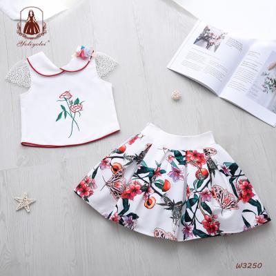 China New Arrival Pattern Casual Blouse + Skirt Kids Clothing White Red Flower Printed Casual Child Girl Outfits Lace Sleeve for sale