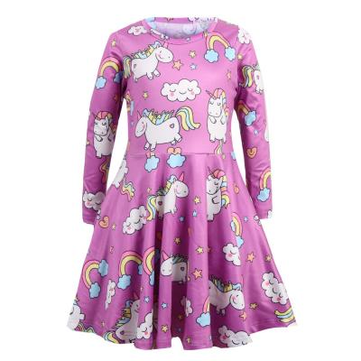 China Anti-Static Round Neck Kids Floral One-Piece Team Colorful Unicorn Printed Casual Girls Swing Swing Skirt Retro Long Sleeve Dress for sale