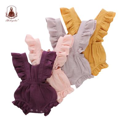 China Gauze Solid Color Square Collar Cotton Chiffon Baby Romper Flutter Sleeve Suit Baby Girls Infant Rompers for sale