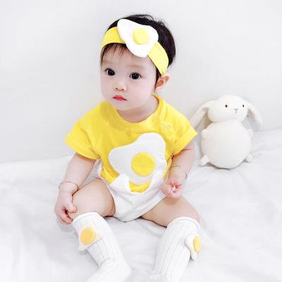 China Cotton Short Creative Newborn Baby Clothes 3 Pieces Sleeve Cartoon Egg Triangle Baby Clothes Unisex Baby Rompers With Socks&Hair Band for sale