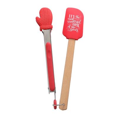 China 2021 Newest Sustainable In Stock Christmas Baking Tools Baking Set Christmas Silicone Printing Spatula Gloves Tongs for sale