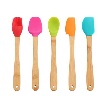 China Amazon Viable Hot Sale In Stock 5pcs Mini Silicone Utensil Set With Bamboo Handle Silicone Spatula Spoonula Brush Spoon for sale