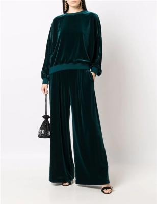 China Anti-Wrinkle 2021 Winter Women Ladies Soft High Waist Green Casual Velvet Loose Wide Leg Pants With Pockets for sale