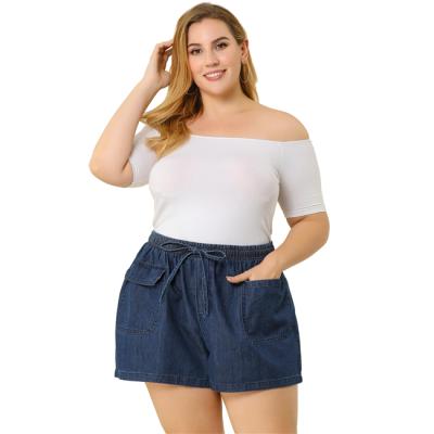 China Viable 2022 Women Plus Size Ruffles Elastic Bow Tie Mini Front Big Pockets Denim Navy Blue Waist Shorts for sale