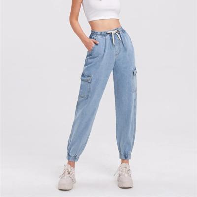 China 2021 Wholesale Women's High Waisted Femme Custom Blue Denim Ladies Flap Top QUICK DRY Pockets Jogger Jeans for sale