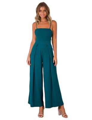 China 2021 summer fashion high waist anti-static dark green spaghetti tie ladies wide leg jumpsuit with back bow tie for sale