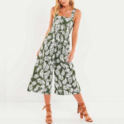 China 2018 Summer Anti-Static Feather Casual Wide Leg Print Green Shoulder Straps Ladies Adjustable Overalls for sale