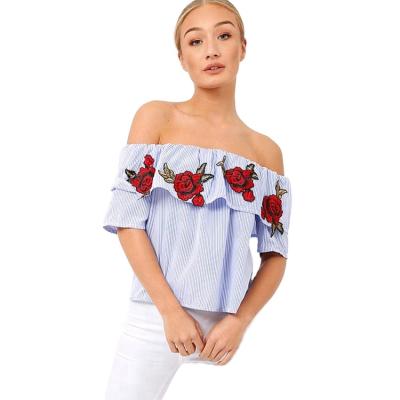 China Anti Pilling Women Shoulder Striped Floral Embroidered Tops for sale