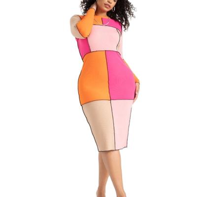 China 2021 Winter Viable Casual Long Sleeve Color Blocking Patchwork Woman Plus Size Midi Dresses for sale