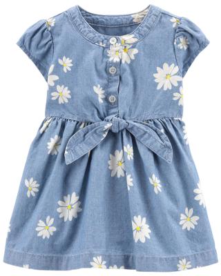 China 2021 Summer Wholesale Anti-static Cambric Flower Cute Blue Short Cotton Girls Denim Dresses With Bow for sale