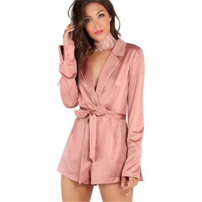 China Wholesale Adult Women QUICK DRY Winter Long Sleeve Onesie Custom Made Satin Romper Pink One Piece Pajamas for sale