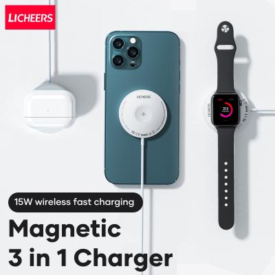 China Best 3IN1 Licheers A2 Portable Fast Charging Magnet Wireless Charger 15W Fast Mag Safe For Apple Iphone Fast 12 13 pro Max Airpod Watch Magnet Charger for sale