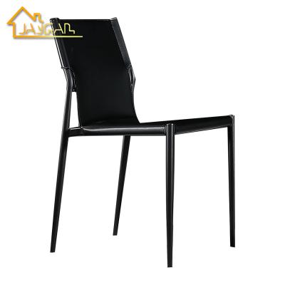 China Simple Design Contemporary Restaurant Dining Chair Metal Chair Upholstered Leather Black Stacking Chairs for sale