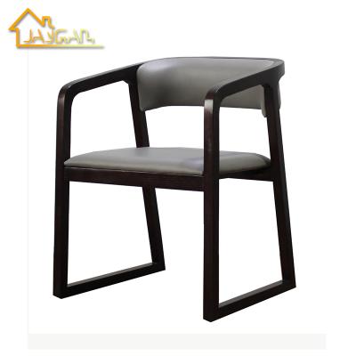 China Contemporary high quality design wooden chair with armrest gray faux leather dining chairs for restaurant cafe for sale