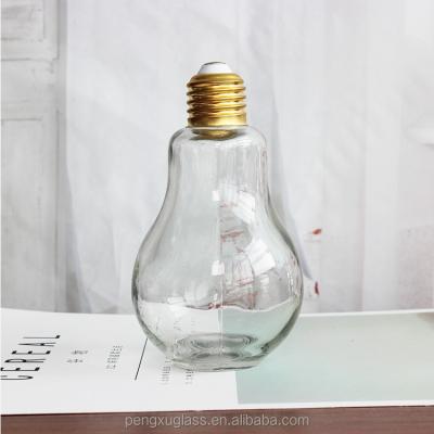 China Eco-friendly Glossy Drink Glass Bottle 400ml Bulb Bottle Glass For Juice With Gold Lid And Straw for sale