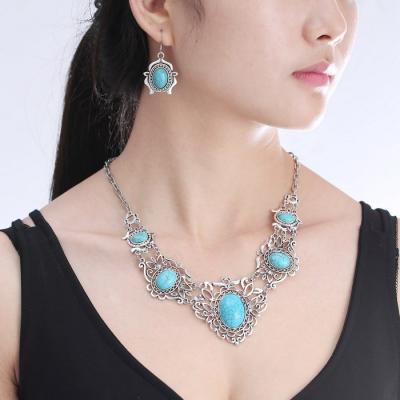 China 2021 Environmental Friendly Bridal Jewelry Necklace Fashion Wedding Accessories Gold Silver Rose Gold Jewelry Set Natural Turquoise Stone Women Gift for sale