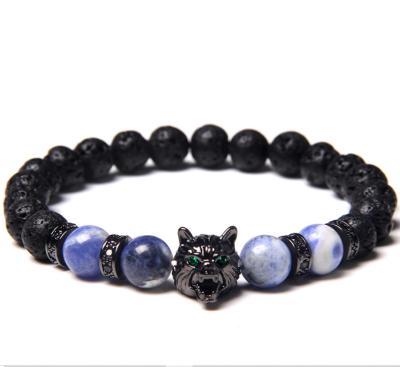 China Wolf Charm Bracelets Men Natural Elastic Jewelry Black Lava Stone Bracelets Brave Tiger Eye Punk Women Bracelets 8mm Pulsera Beads for sale