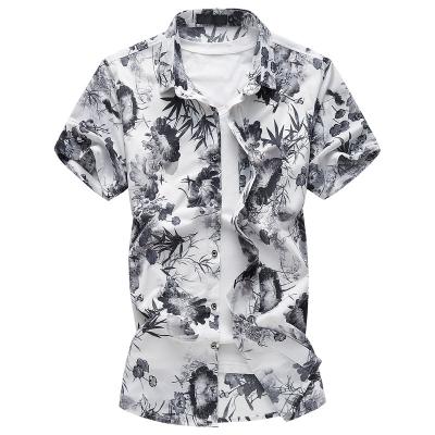 China QUICK DRY Men's Beach Button Shirt Cotton Vacation Shirt Fashion Ink Floral Print Large Size Shorts New Sheath Cargo Mens Shirts for sale