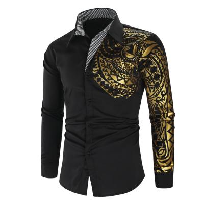 China New Long Sleeve Camisa Masculina Mens Slim Fit Black Shirt Dress QUICK DRY Luxury Black Gold Homme Social Club Club Prom Shirt for sale