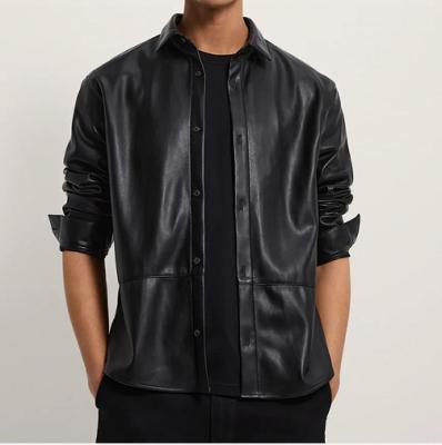 China Customized Design Man Casual High Quality Black Anti-pilling Leather Shirt for sale