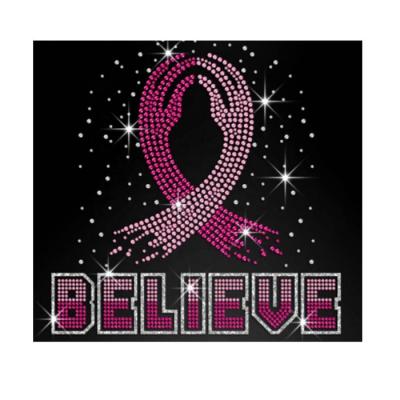 China Flatback Customized Pink Breast Cancer Ribbon Hope Fight Survivor Awareness Believe Bling Rhinestone Heat Transfer Design for sale