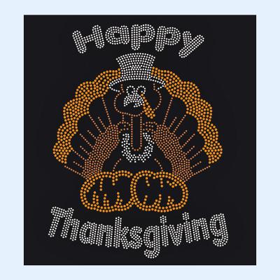 China Custom Flatback Bling Happy Thanksgiving Day Hotfix Heat Transfer Rhinestones Design For Apparel for sale