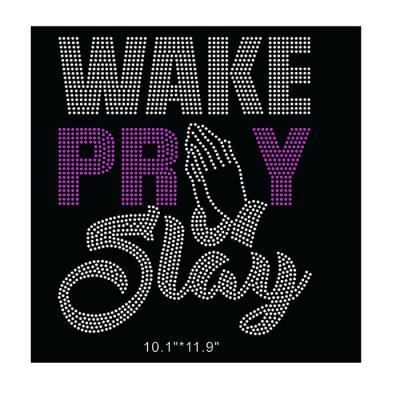 China Hot Fix Flatback DMC Rhinestones Transfer Wake Pray Slay Jesus Rhinestone Applique for sale