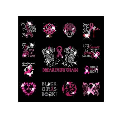 China Pink Flatback Breast Cancer Awareness Ribbon Bling Rhinestone Iron On Transfer for sale