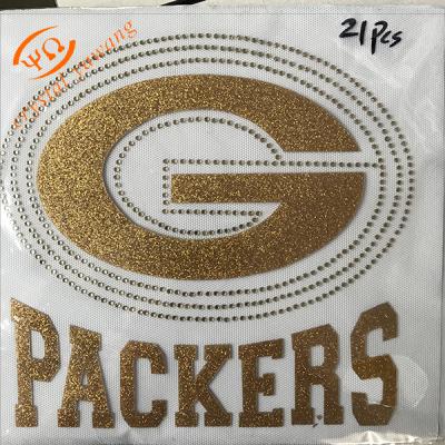 China Wholesale Custom Flatback Soccer Teams Logo Label Green Bay Packers Rhinestone Glitter Vinyl Heat Transfer for sale