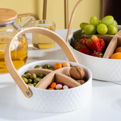 China Lanfengye Living Room Household Portable Fruit Tray Ceramic Fruit Basket With Wooden Handle Creative Fruit Dish for sale