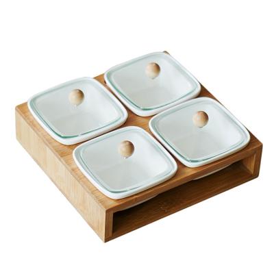 China Lanfengye Sustainable Snack Square Bowl Set Ceramic Dry Fruit Dish Square Snack Tray With Wooden Tray for sale