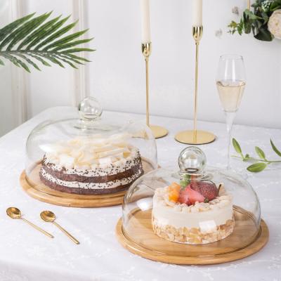 China Wholesale Custom Lanfengye Food Trays Round Cake Trays Creative Viable Cake Tool Wooden Round Cake Stand With Glass Cover for sale