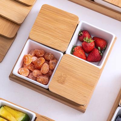 China Lanfengye Sustainable Kitchen Fruit Dessert Dish Set 4 Compartments Snack Dish Set Ceramic Snack Dish With Bamboo Tray for sale