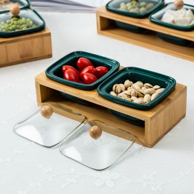 China Wholesale Sustainable Household Lanfengye Household Fruit Bowl Set Candy Dry Snack Dish Ceramic Nuts Bowl Set With Wooden Stand for sale