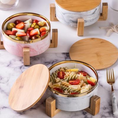 China Lanfengye Luster Ceramic Salad Bowl Soup Noodle Bowl With Gold Rim Luxury Color Salad Bowl Set With Wooden Lid for sale