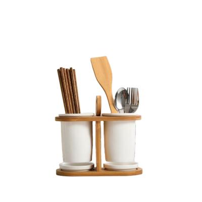 China Lanfengye Household Ceramic Tableware Spoon Storage Rack Kitchen Knife Holder Ceramic Chopsticks Holder With Wooden Handle for sale