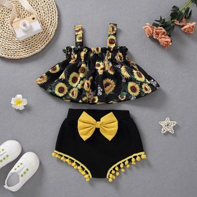 China Baby Summer Anti-Shrink Clothes Sets Flower Casual Big Bow Shorts Set Comfortable Baby Girls Two-Piece Outfit for sale