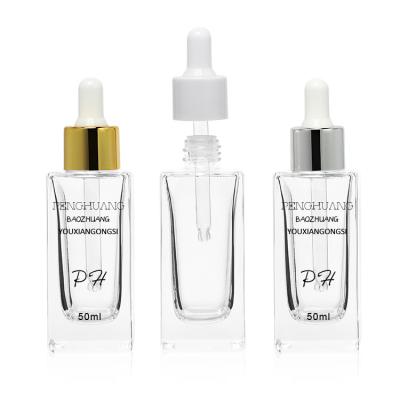 China Wholesale  Cosmetic Packaging Skin Care 50ml Glass Dropper square Bottles Glass Serum Bottle for sale