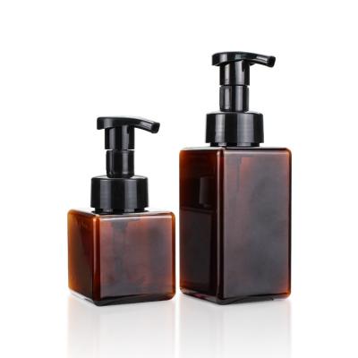 China Travel Plastic Soap Bottles Custom Empty PET Square Amber Shampoo Bottle 250ml for sale