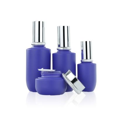 China Cosmetic 45ml Blue Glass Lotion Bottle Skin Care Cream Jar Makeup Set for sale