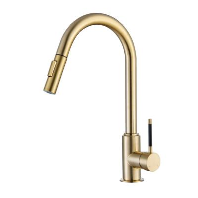 China Pull Out Sprayer 304 Stainless Steel Hot Selling Pull Down Single Hole Deck Mounted Kitchen Faucet Gold for sale