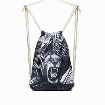 China European Wholesale Punk Handled Lion Pattern Bag Black Canvas Backpack Cotton Drawstring Bag With Logo for sale