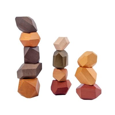 China DIY TOY wooden kids rock block set stacking stone colorful balancing educational toy for toddlers 12pcs all different shape for sale