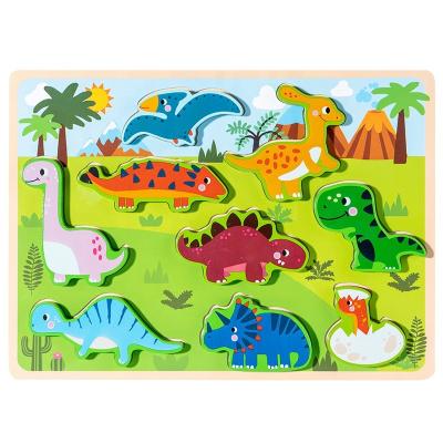 China Hand Cognitive Wood Handle Dinosaur Shape Cartoon Toy Montessori Early Childhood Education Puzzle Stereo Puzzle Toy for sale