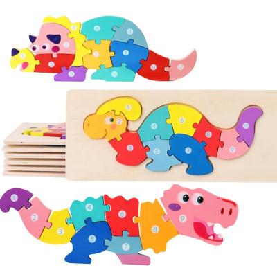 China Toy New Cartoon dinosaur 3D wooden puzzle great for toddlers and early education hand grabboard puzzle for sale