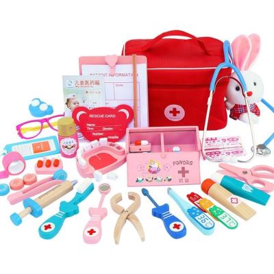 China 36M Toy Kids Toys for Children Girl Boy Children Pretend Play Wood Nursing Toys Red Medical Kit Dentist Medicine Box Sets Cloth Bag for sale