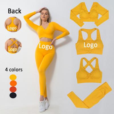 China Hot Selling Antibacterial Sexy 4 Piece Gym Bra Sports Active Wear Long Sleeve Fitness Sports Set Seamless Tracksuit Women Clothing for sale