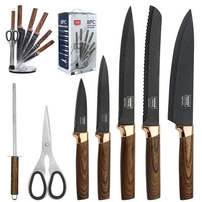 China Disposable In Stock 8pcs Kitchen Knife Set With Block Sharpener Scissors Wood Grain Plastic Acrylic Handle Non To Stick Stainless Steel Knives for sale